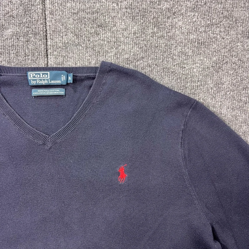 VTG Polo Ralph Lauren Mens XL V-Neck Sweater Dark Navy 100% Pima Cotton Red Pony